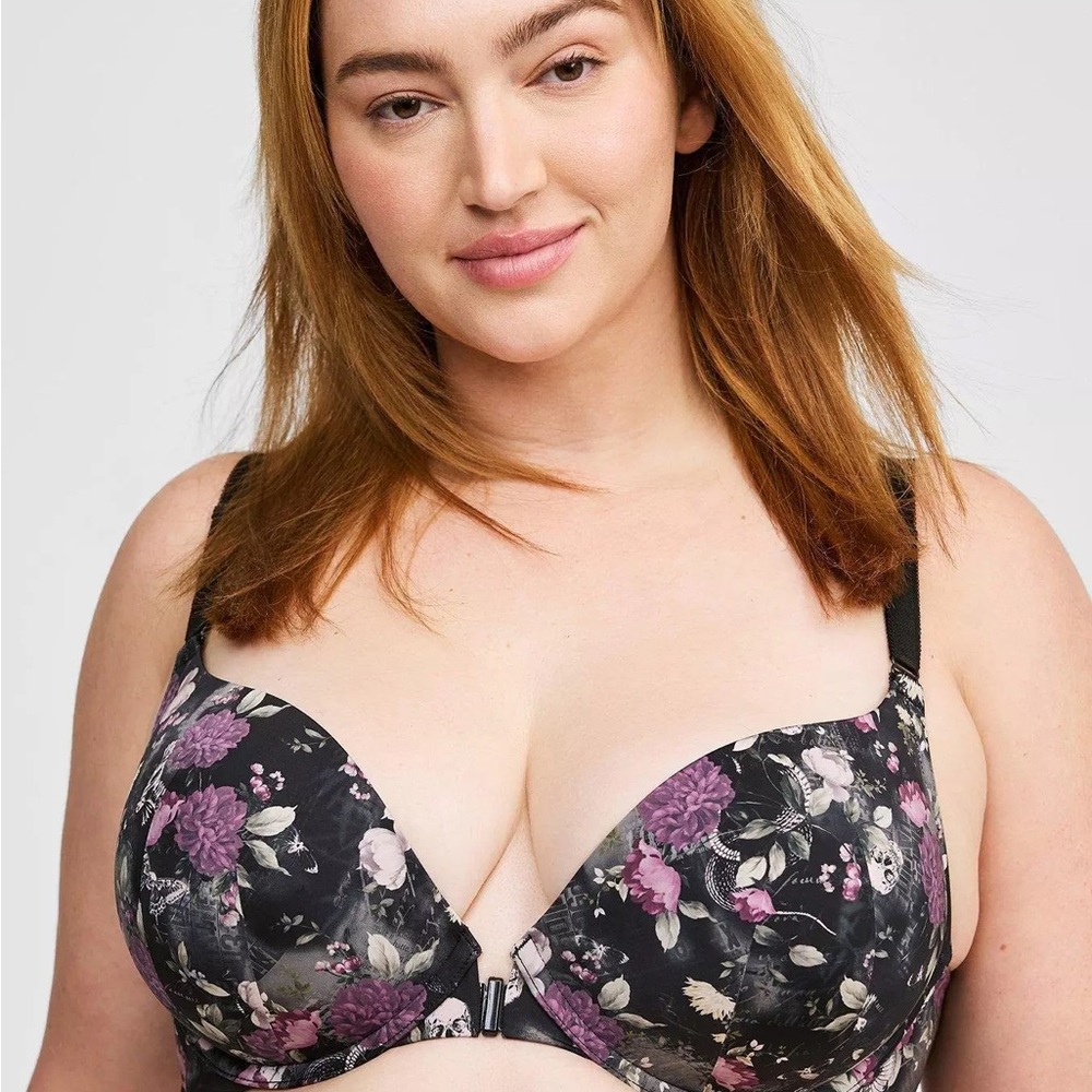 Purple and Black Floral Underwire Bra with Satin Straps